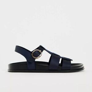 Blue T-Strap Fisherman Style Satin Sandals with Ankle Buckle 9